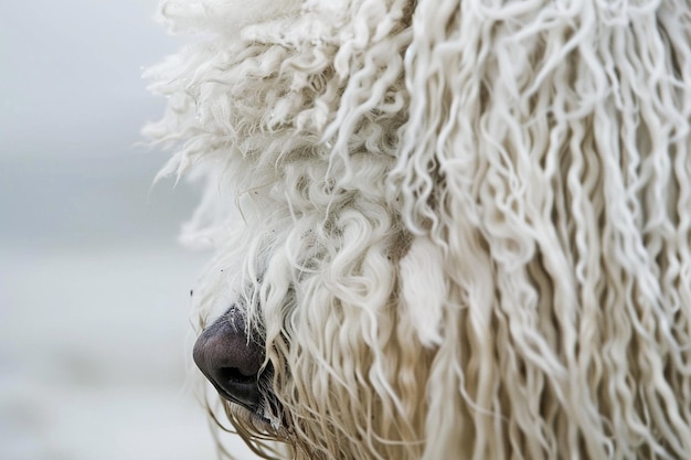 Foto un acercamiento cautivador de un perro komondor su ai generativo blanco