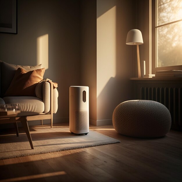 Foto un acercamiento de una habitación con un sofá y una lámpara generativa ai