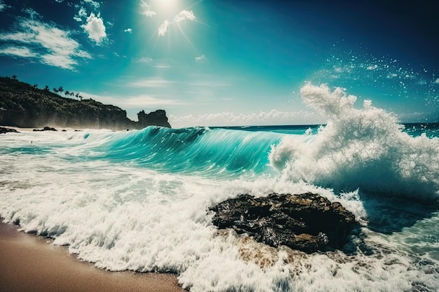 Acercamiento Impresionante escena de olas rompiendo en la playa en un día soleado