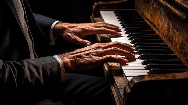 Foto acercamiento de manos masculinas tocando el piano