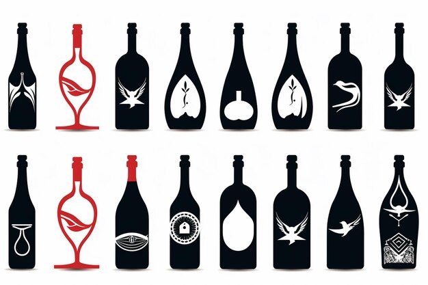 un acercamiento de un montón de botellas de vino con diferentes diseños generativos ai