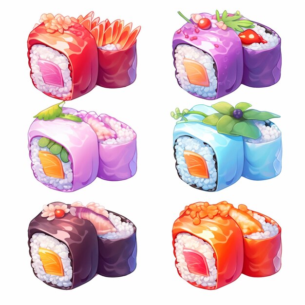 un acercamiento de un montón de rollos de sushi con diferentes aderezos generativos ai