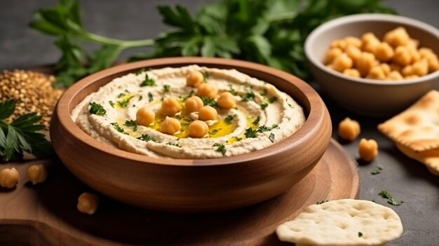 un acercamiento de un plato de hummusle con garbanzos y galletas generativas ai