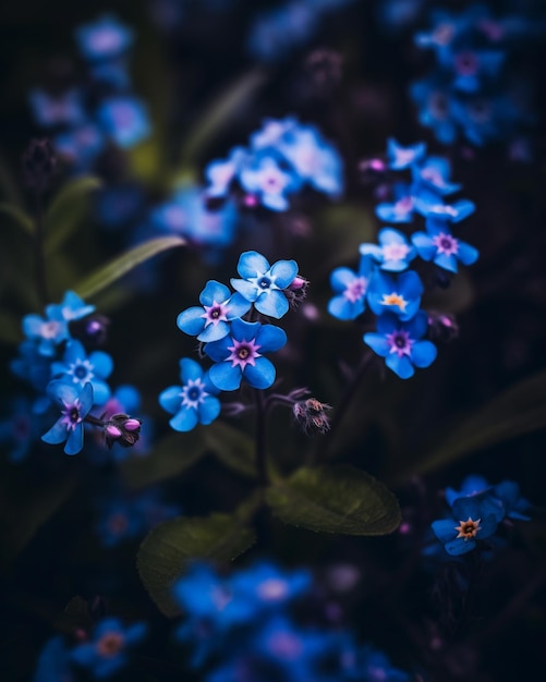 un acercamiento de un ramo de flores azules con hojas verdes generativas ai