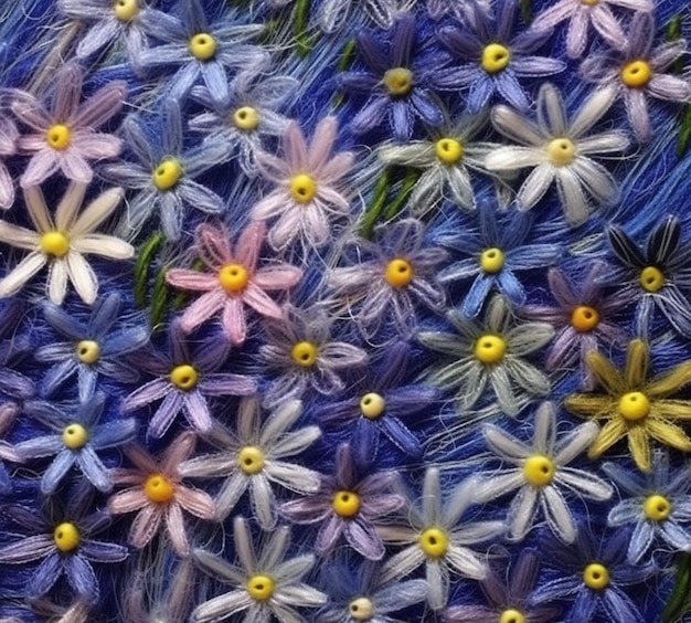 un acercamiento de un ramo de flores con centros púrpuras y amarillos generativos ai