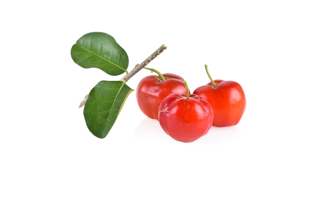 Foto acerola kleine kirschfrüchte mit isolierten blättern auf weißem hintergrund