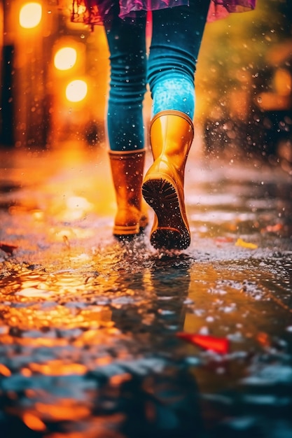 Acérquese a un par de botas de lluvia de colores brillantes que salpican charcos IA generativa