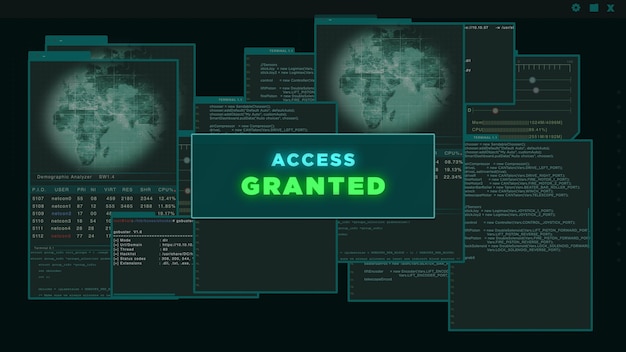Acesso concedido - Interface virtual ou HUD apresentando dados de um servidor hackeado em fundo verde escuro. Ataque cibernético e crime