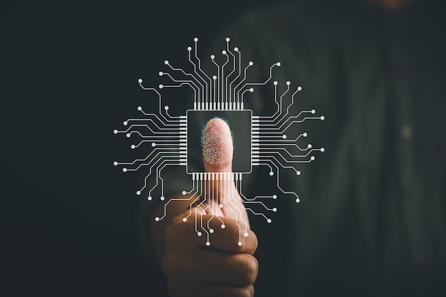 Foto acesso seguro com um polegar para cima e digitalização virtual de impressões digitais