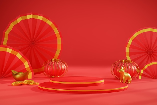 Acessórios Ano Novo Lunar Ano Novo Chinês na ilustração 3d de fundo vermelho
