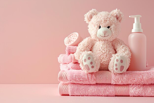 Acessórios de banho para bebês com toalha rosa e modelo de garrafa de shampoo rosa com uma superfície limpa rosa para texto ou publicidade de produto IA gerativa