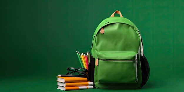 Acessórios de escola com mochila em fundo verde