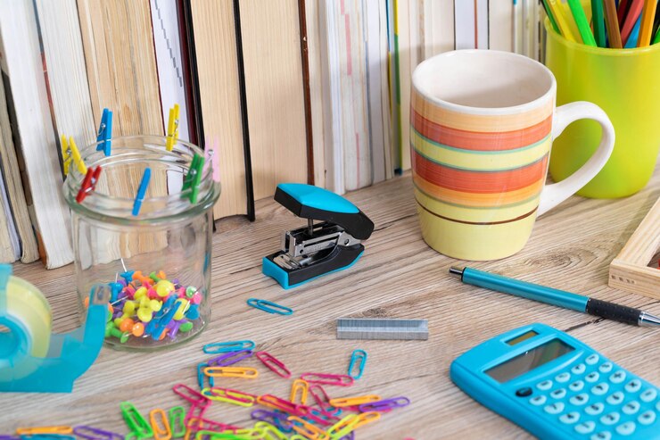 Foto acessórios de escritório necessários para a aprendizagem os clips de papel estão na mesa materiais escolares