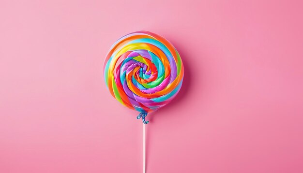 Foto acessórios de festa saborosos e apetitosos feliz aniversário doce deleite swirl balão doce lollypop letras coloridas em fundo brilhante