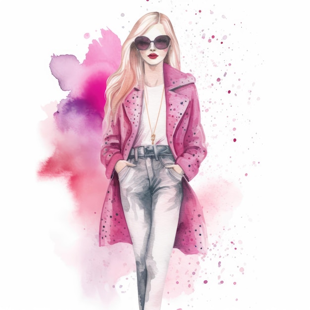 Acessórios de moda em aquarela rosa cintilante sobre fundo branco