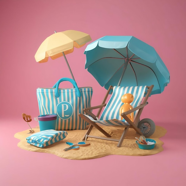 Acessórios de praia em um fundo pastel rosa ilustração de renderização 3D