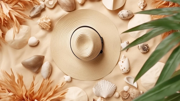 Acessórios de verão chapéu conchas estrela do mar na areia Flatly Generative AI