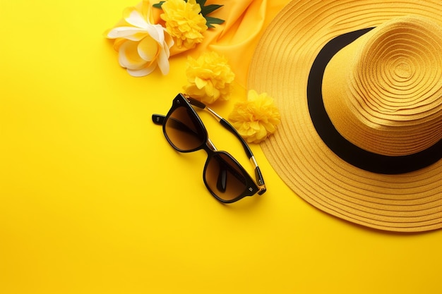 Foto acessórios de verão em fundo amarelo