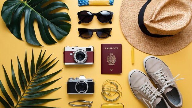 Foto acessórios de viagem planos sobre fundo amarelo com folha de palmeira câmera chapéu sapato passaportes e s