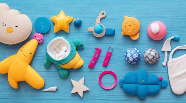 Acessórios e brinquedos para bebês em fundo de madeira colorido