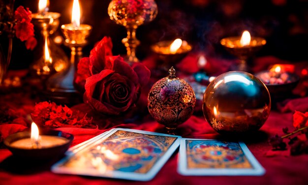 Foto acessórios e velas para adivinhação na mesa foco seletivo