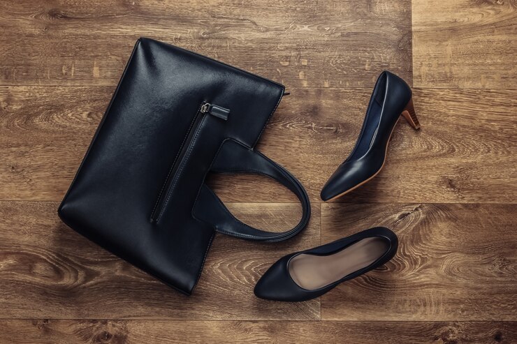 Foto acessórios elegantes femininos no chão. fashionista. sapatos de salto alto, bolsa. vista do topo. estilo liso