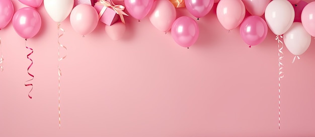 Acessórios festivos de aniversário com espaço vazio no centro em um fundo rosa