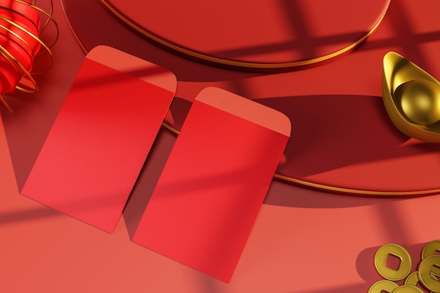 Acessórios no Ano Novo Lunar Ano Novo Chinês com ilustração 3d de envelope vermelho