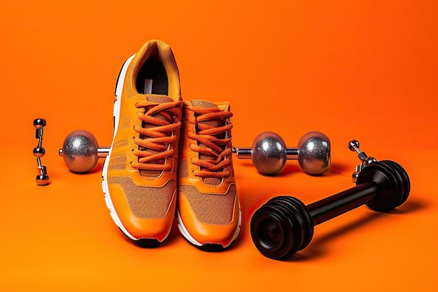 Acessórios para fitness e sapatos esportivos laranja generative ai