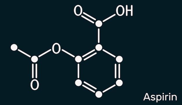 Foto acetylsalicylsäure-aspirin-asa-molekül skelettchemische formel auf dem dunkelblauen hintergrund