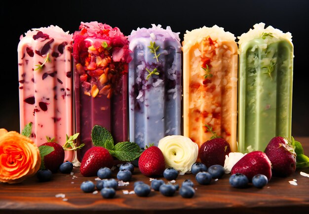 acht bunte Popsicles mit roten, grünen und weißen Beeren