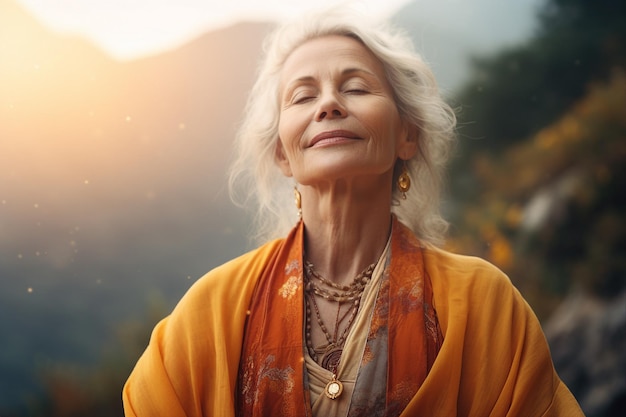 Achtsamkeit Stress-Freilassung Konzept ältere Frau praktiziert Meditation in der Nähe der Natur Generative KI Porträt