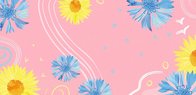 Acianos y girasoles botánico abstracto dibujo a mano fondo rosa Banner floral