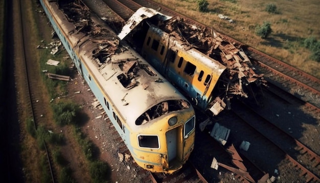 Acidente de acidente de trem de passageiros vista aérea Vagões quebrados e locomotiva danificada Ai generative