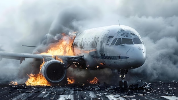 Foto acidente de avião comercial na pista de pouso incêndio de destroços em chamas e fogo no motor conceito segurança da aviação resposta de emergência incidentes aeroportuários acidentes de aeronaves