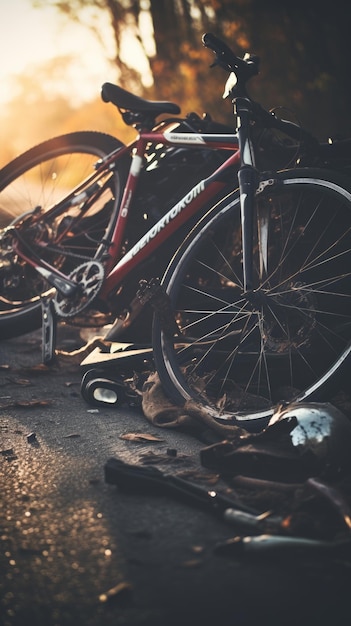 Acidente de bicicleta com bicicleta quebrada e capacete após acidente de viação Generative AI