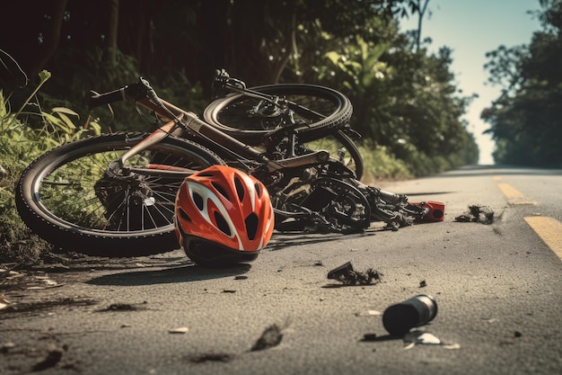 Acidente de bicicleta na estrada com bicicleta quebrada e garrafa de água Acidente de bicicleta com bicicleta quebrada e capacete gerado por IA