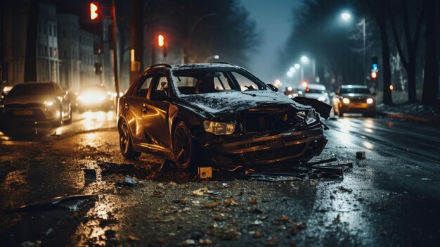 Acidente de carro acidente perigoso na estrada à noite