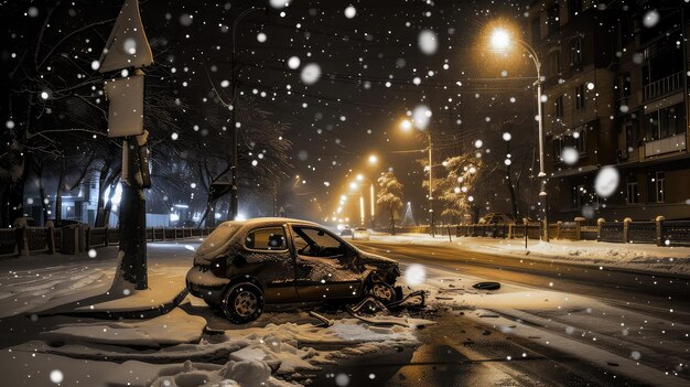 Acidente de carro durante uma tempestade de neve