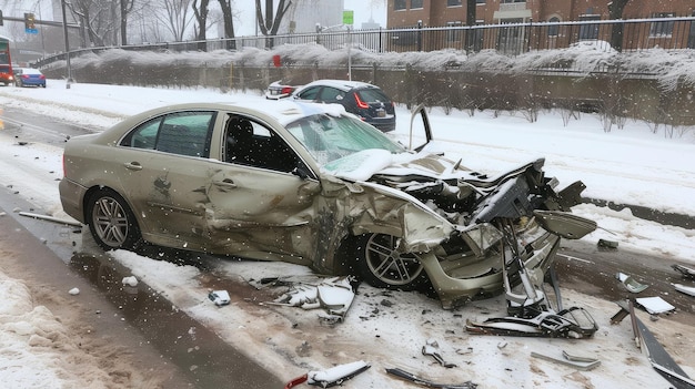 Acidente de carro durante uma tempestade de neve