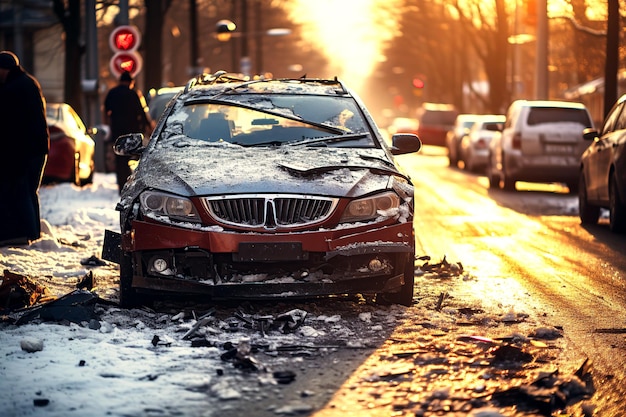 acidente de carro em um acidente de carro em uma estrada escorregadia no inverno