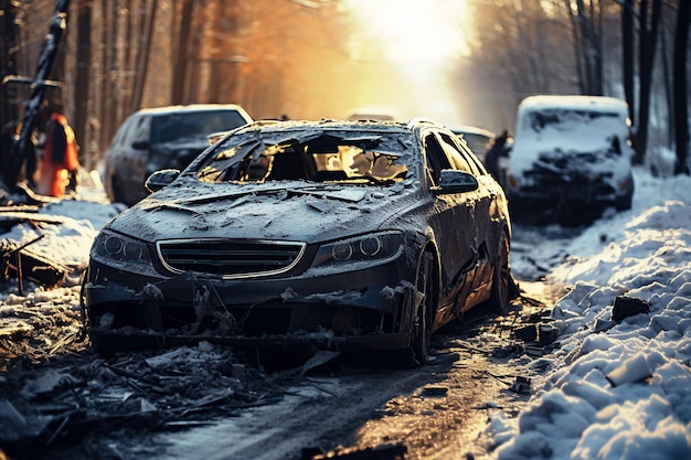 acidente de carro em um acidente de carro em uma estrada escorregadia no inverno
