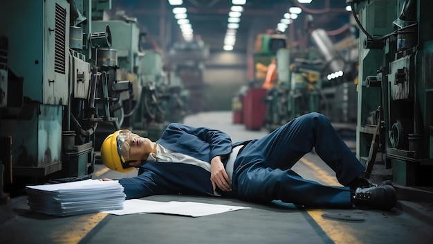 Foto acidente de engenheiro asiático inconsciente no chão enquanto trabalhava na fábrica