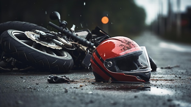 Acidente de trânsito com uma motocicleta na estrada em tempo de chuva