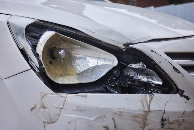 Acidente de trânsito do pára-choque dianteiro da lente dos faróis quebrados do carro danificado
