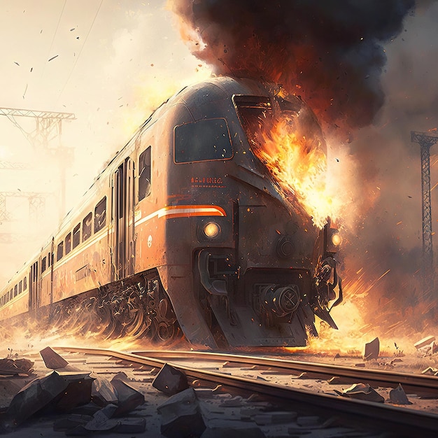 Acidente de trem na imagem de explosão de incêndio na pista IA generativa