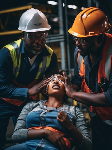 Foto acidente doloroso na produção industrial de metalurgia trabalhadora afro-americana machucou a mão