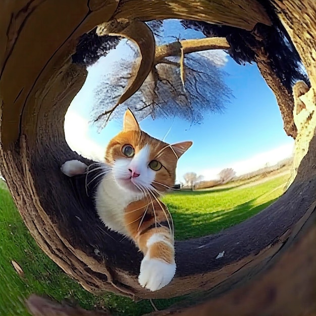 Acidente felino gato caindo da árvore capturado pela câmera fisheye