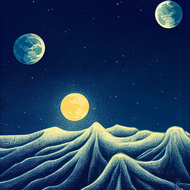 Acima da terra com dois planeta e lua. Uma arte conceitual e ilustração assustadora da noite da lua.