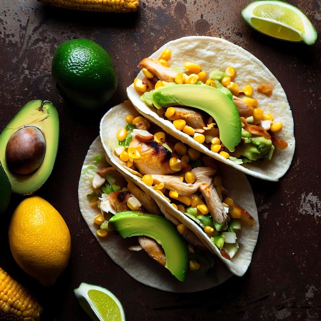 Acima de tacos macios com frango, milho, abacate e limão